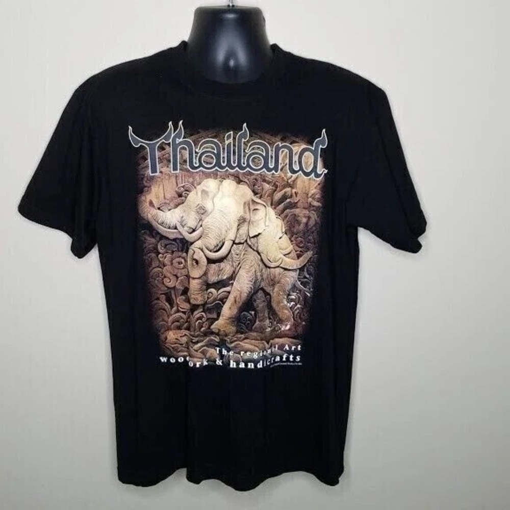 JOLIGOLF Thailand Elephant Wood Carving Graphic T-Shirt Men's Black Cotton‎ Size